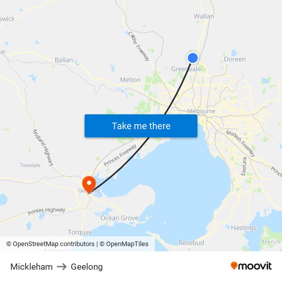 Mickleham to Geelong map