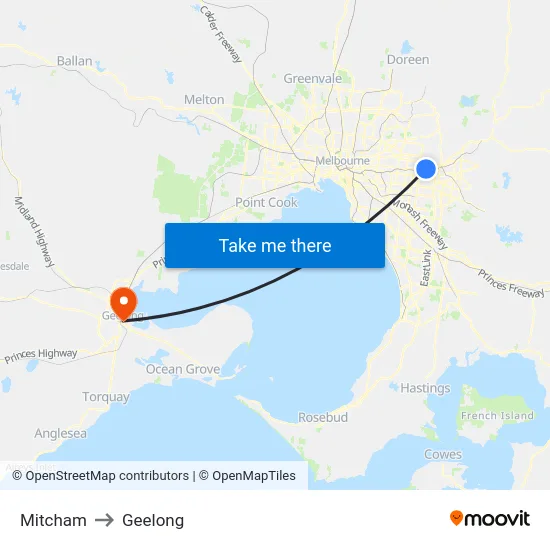 Mitcham to Geelong map