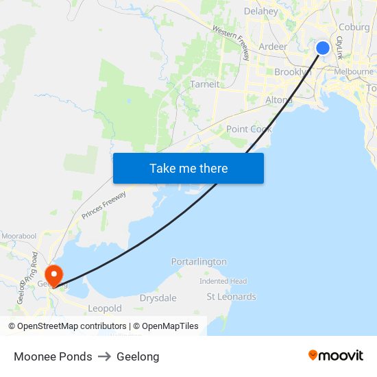 Moonee Ponds to Geelong map