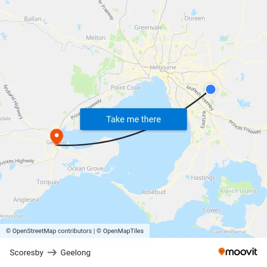 Scoresby to Geelong map