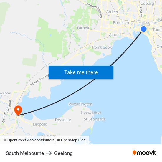 South Melbourne to Geelong map