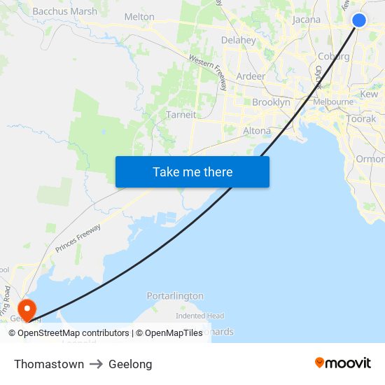 Thomastown to Geelong map