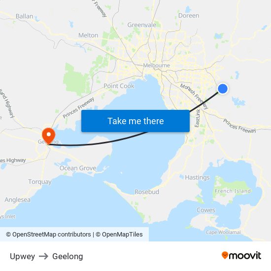 Upwey to Geelong map