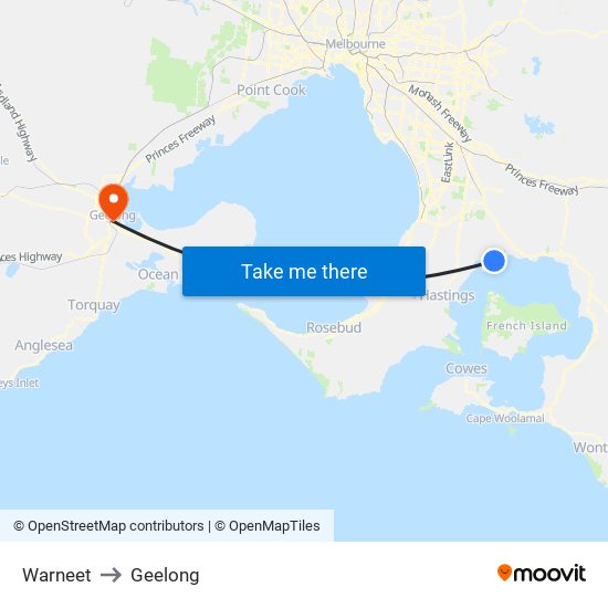 Warneet to Geelong map