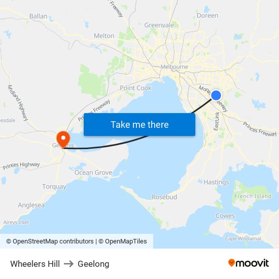 Wheelers Hill to Geelong map