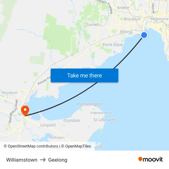 Williamstown to Geelong map