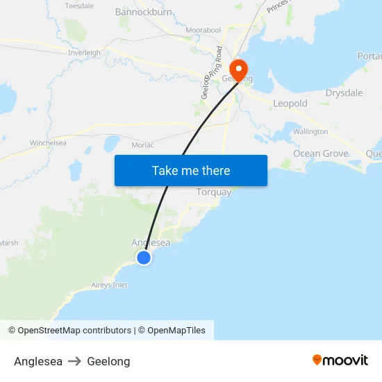 Anglesea to Geelong map