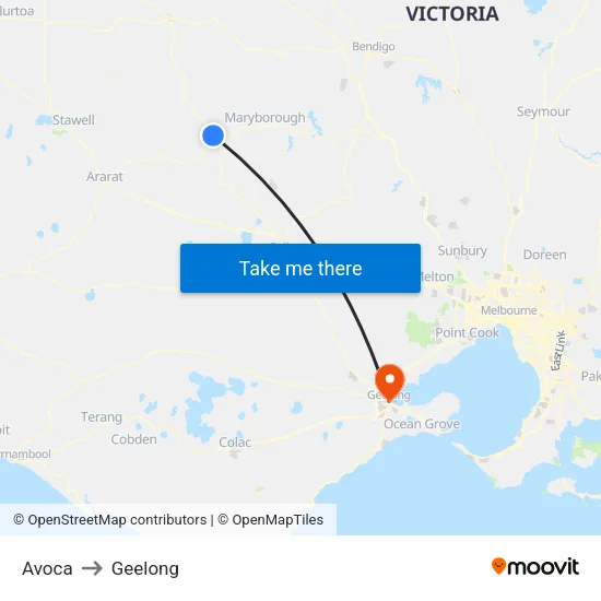 Avoca to Geelong map