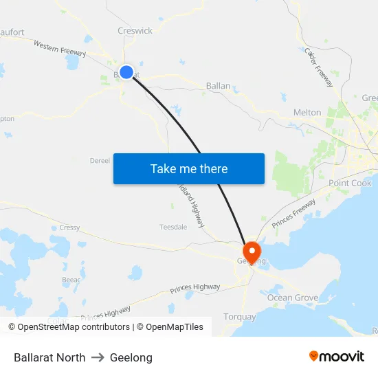 Ballarat North to Geelong map