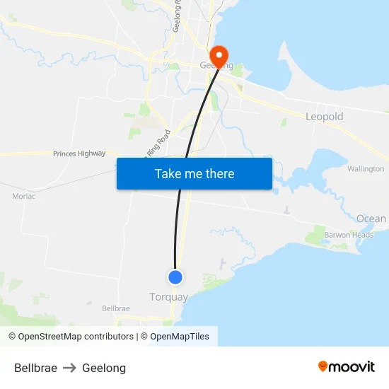Bellbrae to Geelong map
