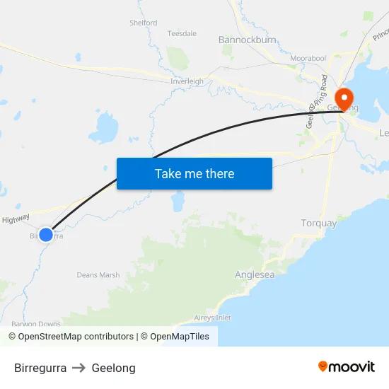 Birregurra to Geelong map