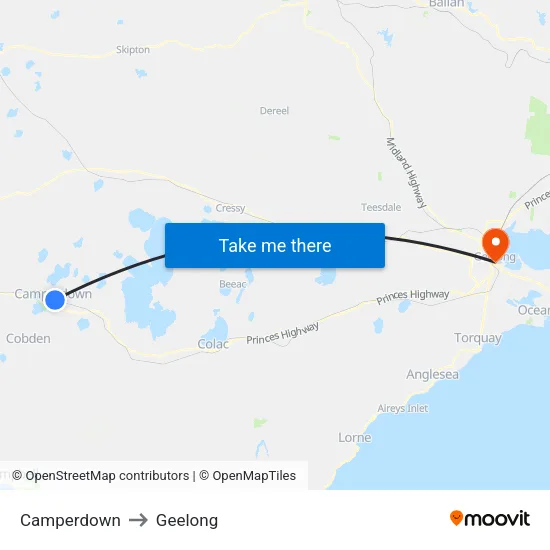 Camperdown to Geelong map