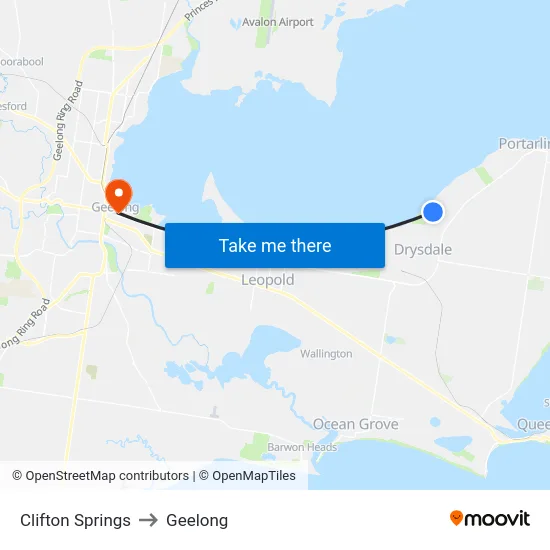Clifton Springs to Geelong map