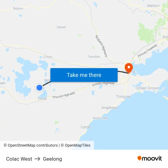 Colac West to Geelong map