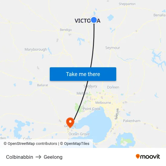Colbinabbin to Geelong map
