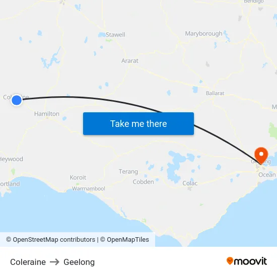 Coleraine to Geelong map