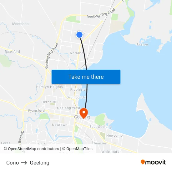 Corio to Geelong map