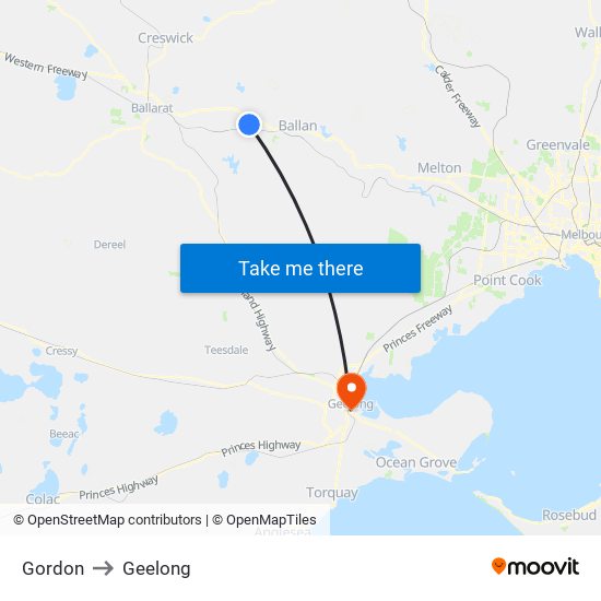 Gordon to Geelong map