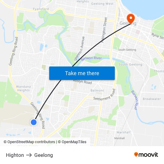 Highton to Geelong map