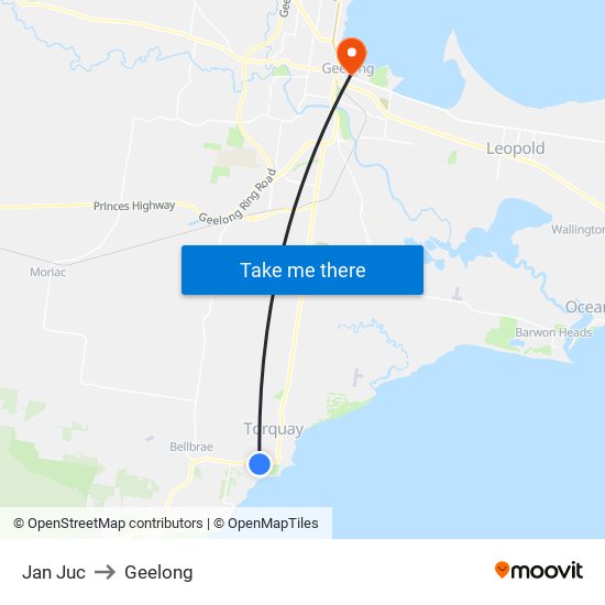 Jan Juc to Geelong map