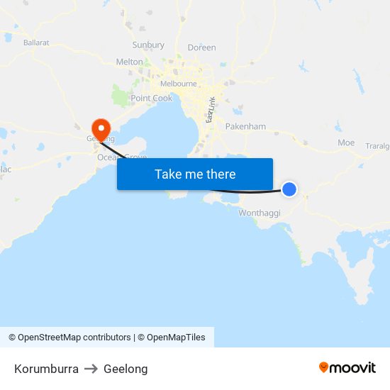 Korumburra to Geelong map