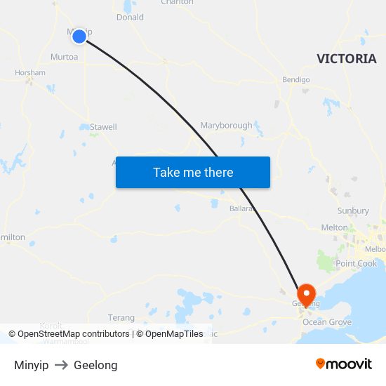 Minyip to Geelong map