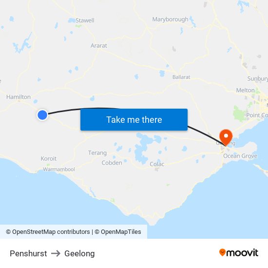Penshurst to Geelong map