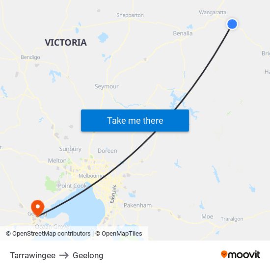 Tarrawingee to Geelong map