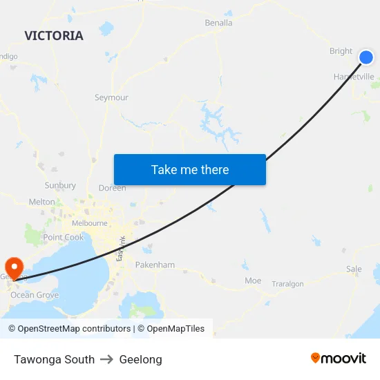 Tawonga South to Geelong map