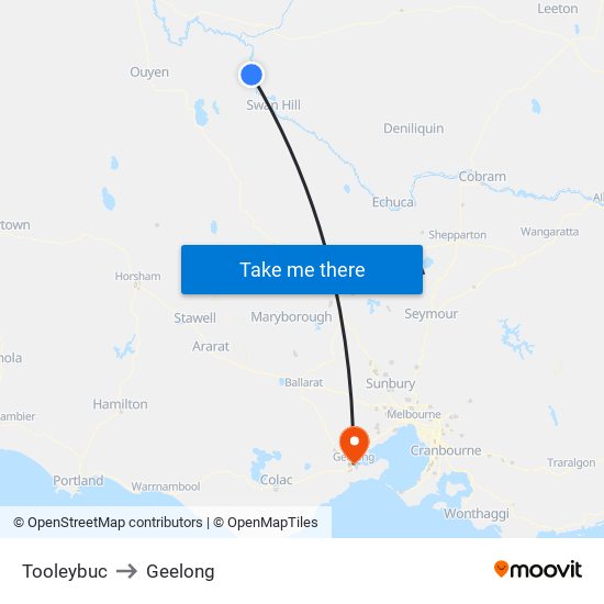 Tooleybuc to Geelong map