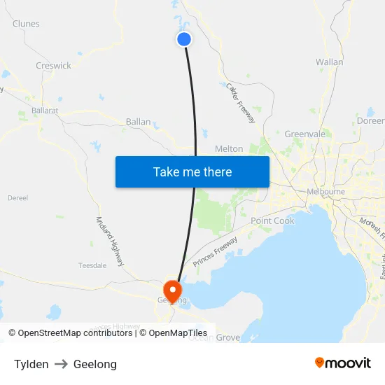Tylden to Geelong map