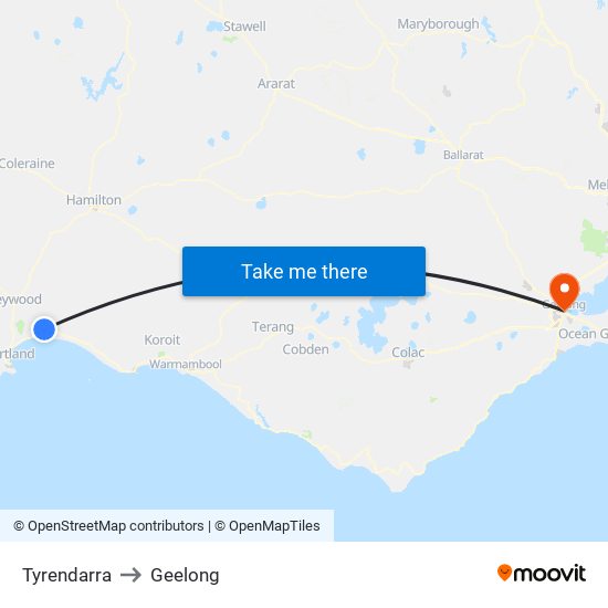 Tyrendarra to Geelong map