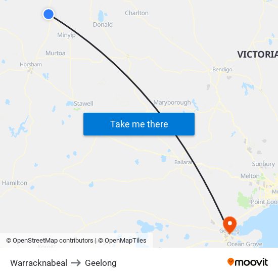 Warracknabeal to Geelong map