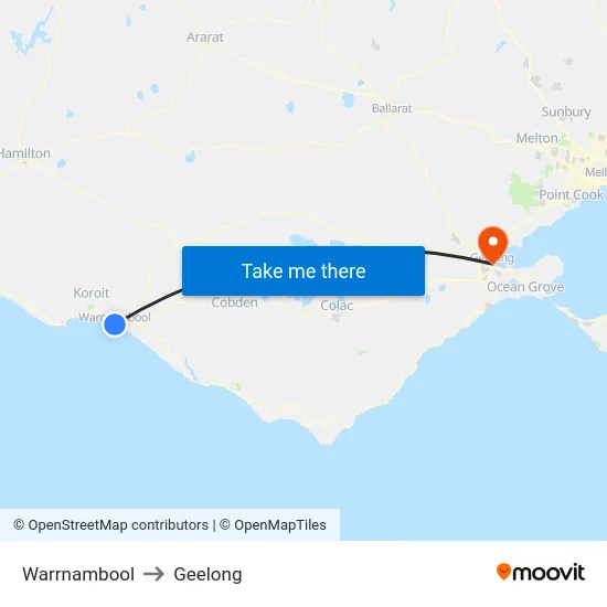 Warrnambool to Geelong map