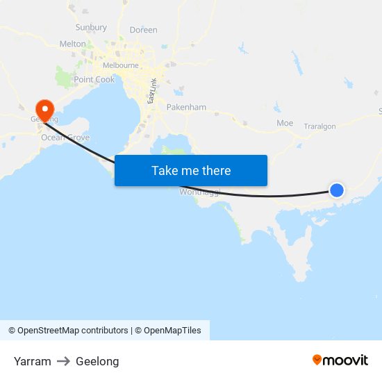 Yarram to Geelong map