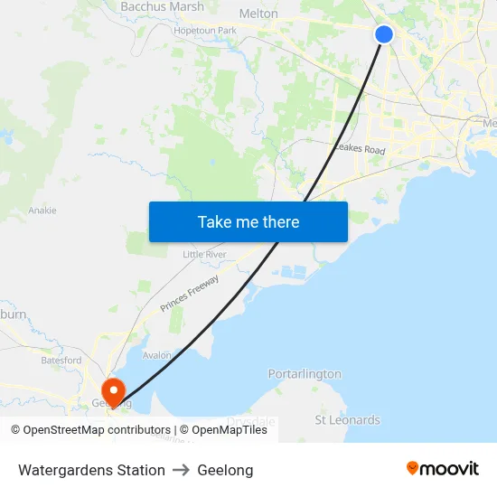 Watergardens Station to Geelong map