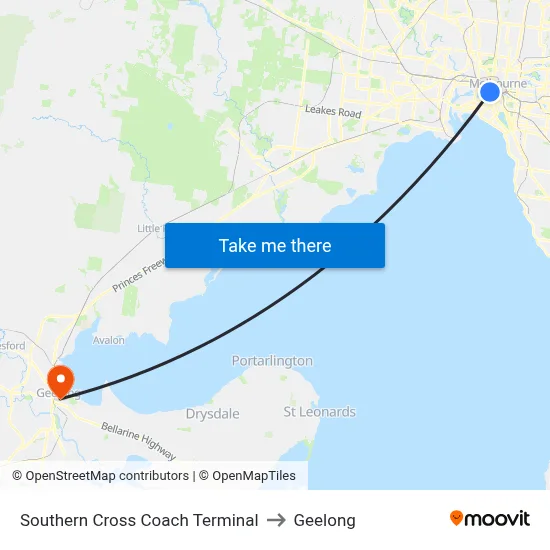 Southern Cross Coach Terminal to Geelong map