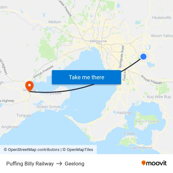Puffing Billy Railway to Geelong map