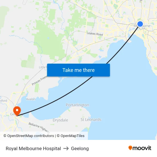 Royal Melbourne Hospital to Geelong map