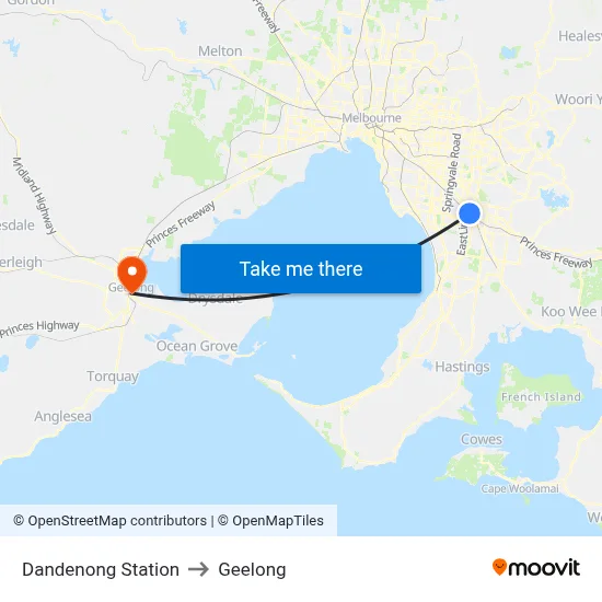 Dandenong Station to Geelong map