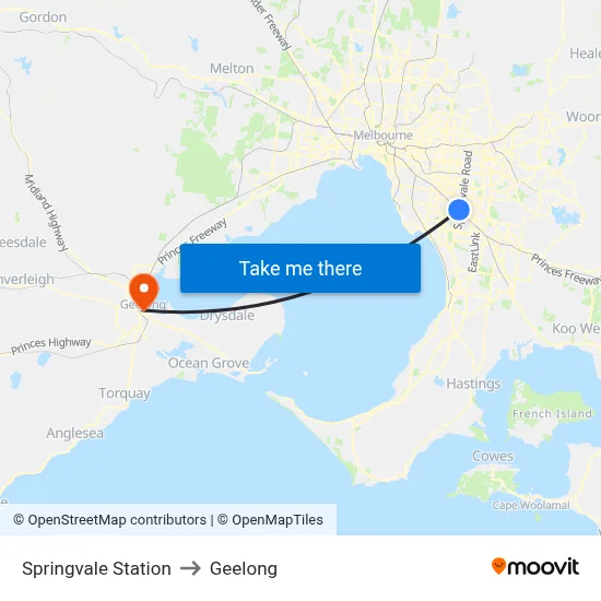 Springvale Station to Geelong map