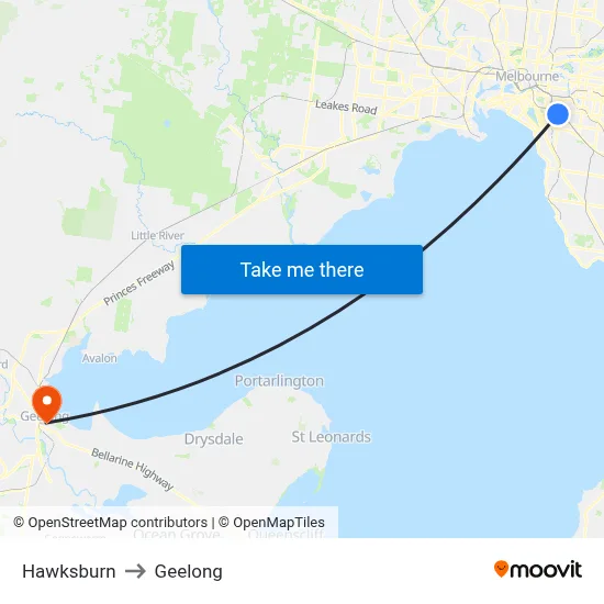 Hawksburn to Geelong map