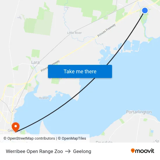 Werribee Open Range Zoo to Geelong map