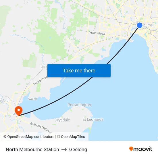 North Melbourne Station to Geelong map