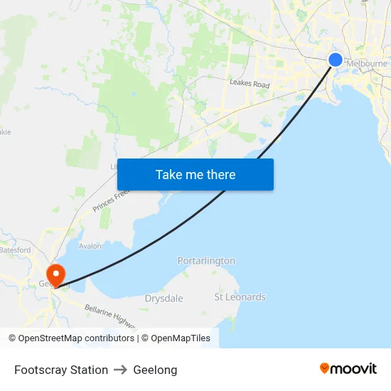 Footscray Station to Geelong map