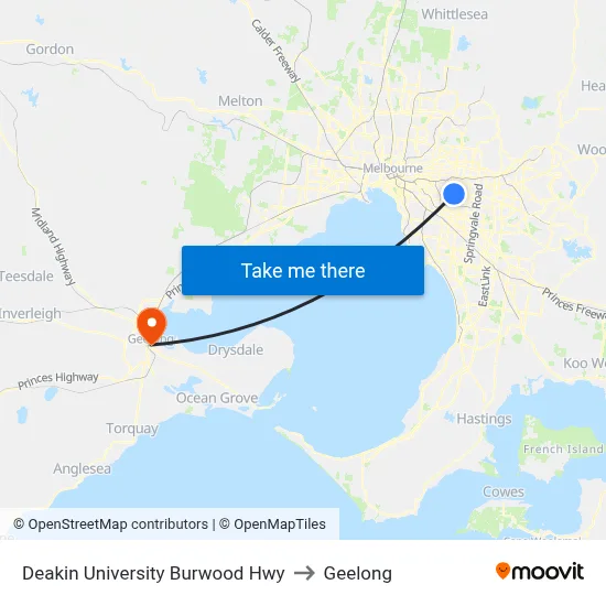 Deakin University Burwood Hwy to Geelong map