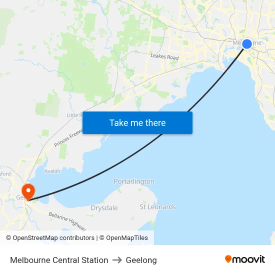Melbourne Central Station to Geelong map