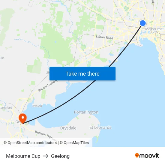Melbourne Cup to Geelong map