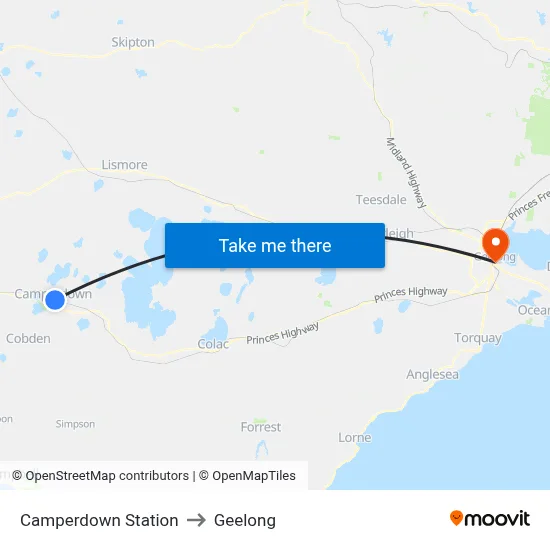 Camperdown Station to Geelong map