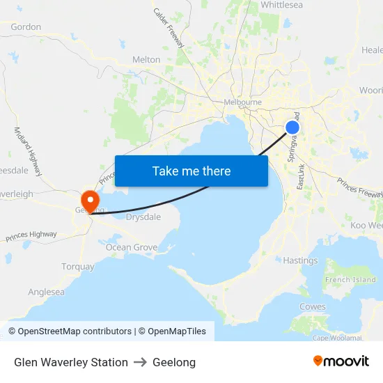 Glen Waverley Station to Geelong map